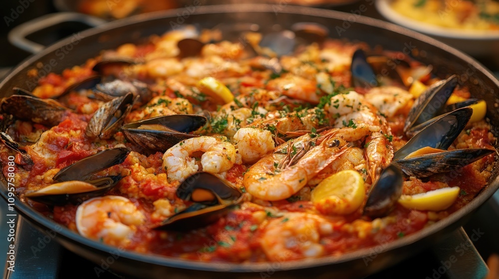 A vibrant seafood paella filled with shrimp, mussels, and lemon slices, garnished with herbs. A vibrant seafood paella filled with shrimp, mussels, and lemon slices, garnished with herbs.