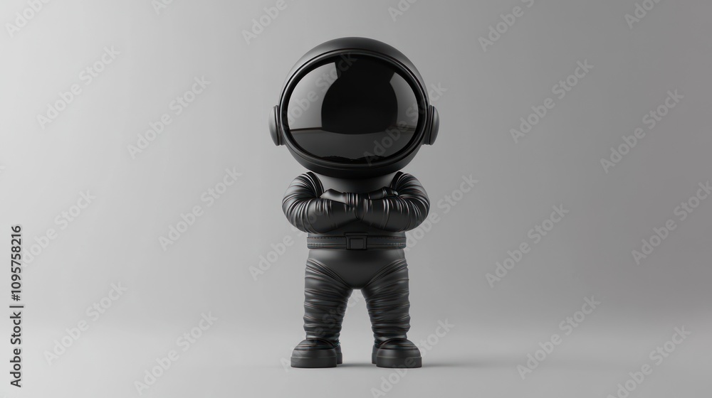 A stylized black astronaut figure with crossed arms against a minimalist background. A stylized black astronaut figure with crossed arms against a minimalist background.