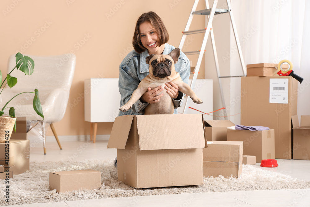 Fototapeta premium Pretty young woman with funny French bulldog in parcel at home
