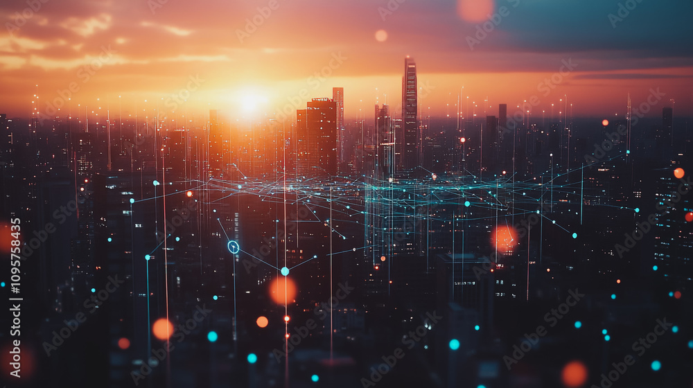 Obraz premium Smart digital city with connection Innovation network reciprocity over the sunset cityscape Concept of future wireless digital city and social media networking systems that connects business people