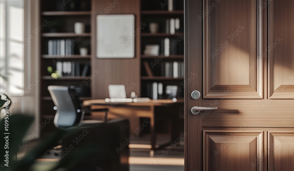 A modern office interior with a wooden door, desk, and shelves in a professional setting. A modern office interior with a wooden door, desk, and shelves in a professional setting.