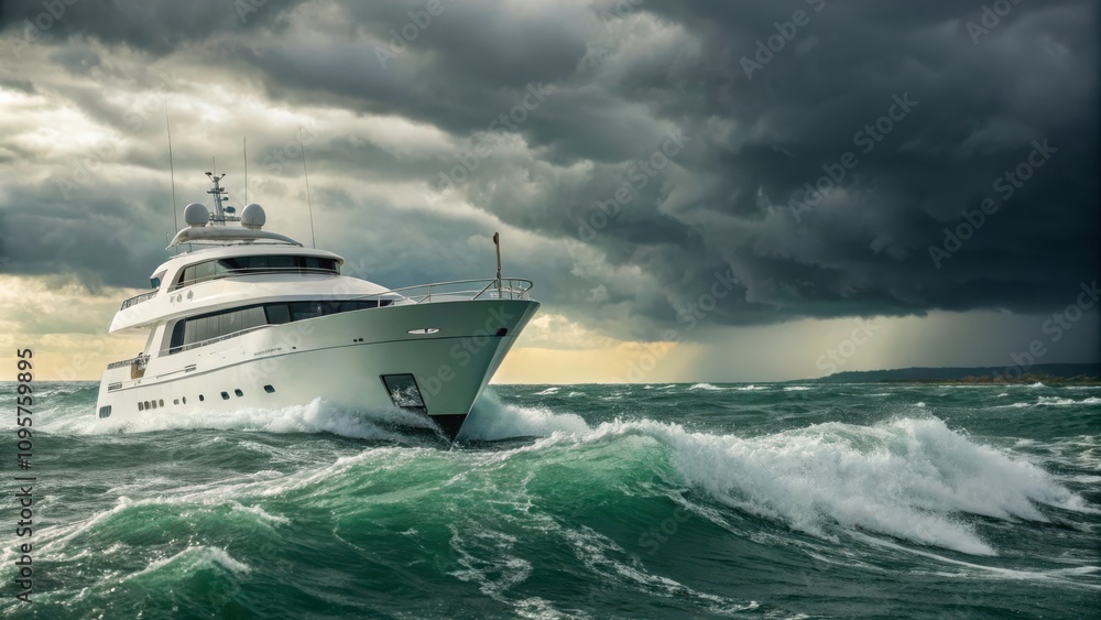 Luxury White Yacht Navigates Turbulent Ocean Waves Approaching a Storm. Generative AI Luxury White Yacht Navigates Turbulent Ocean Waves Approaching a Storm. Generative AI