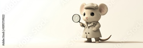 A cute cartoon mouse detective holding a magnifying glass, wearing a trench coat.