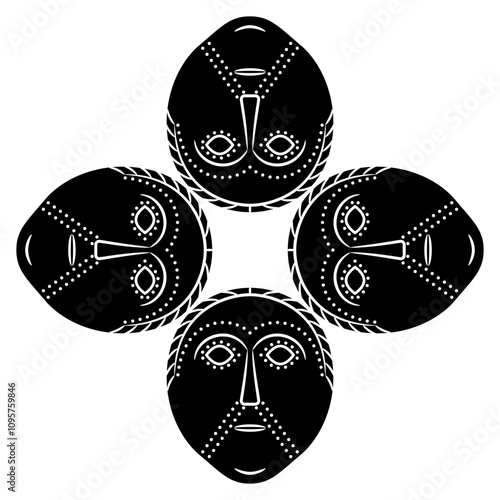 Square cross shape ornament with four Viking Norse or Celtic mask from ancient Dania. Stylized human face. Black and white silhouette.