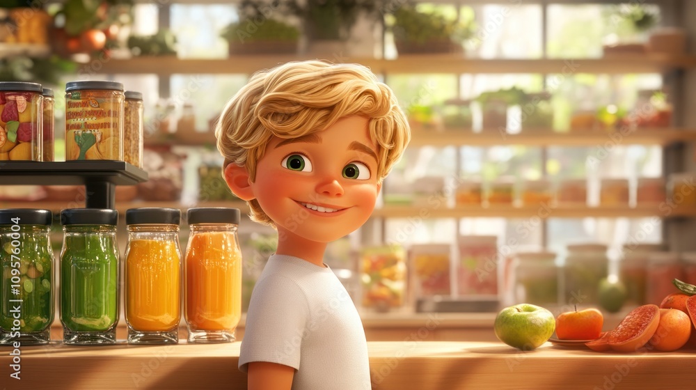 A cheerful child in a vibrant juice bar filled with colorful drinks and fresh produce. A cheerful child in a vibrant juice bar filled with colorful drinks and fresh produce.