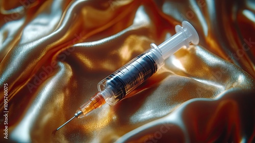 Syringe resting on golden satin fabric background photo