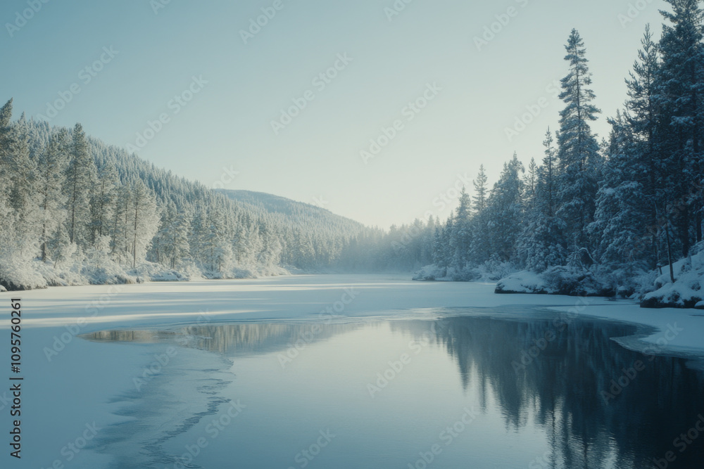 serene winter landscape featuring frozen river surrounded by snow covered trees and mountains, evoking sense of tranquility and peace serene winter landscape featuring frozen river surrounded by snow covered trees and mountains, evoking sense of tranquility and peace