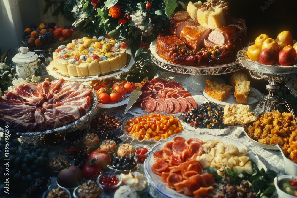 vibrant scene of festive table filled with assorted delicacies, including meats, cheeses, fruits, and desserts, creating delightful and inviting atmosphere vibrant scene of festive table filled with assorted delicacies, including meats, cheeses, fruits, and desserts, creating delightful and inviting atmosphere