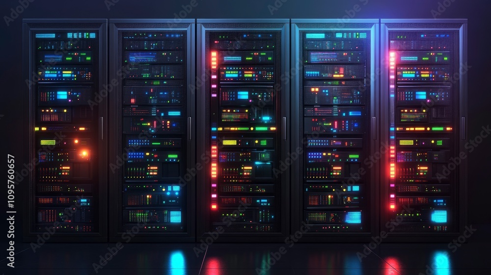 Modern data center with illuminated server racks and colorful lights Modern data center with illuminated server racks and colorful lights