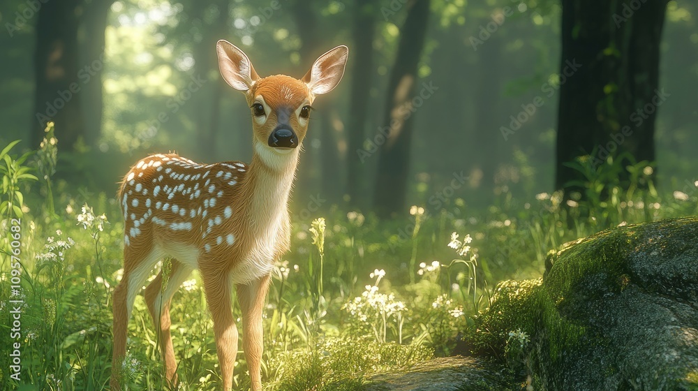 A curious fawn exploring a sunlit forest meadow A curious fawn exploring a sunlit forest meadow
