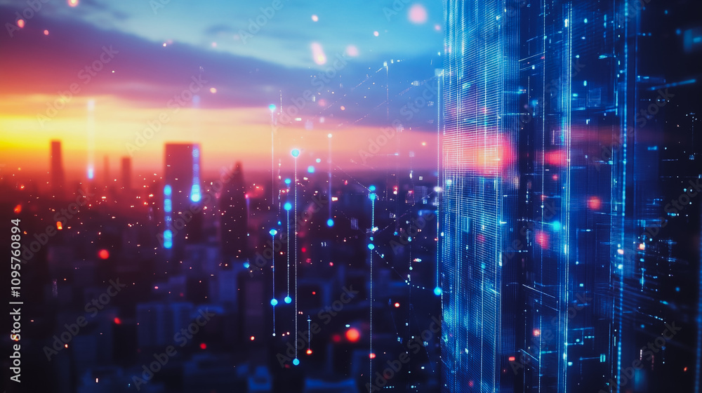 Fototapeta premium Smart digital city with connection Innovation network reciprocity over the sunset cityscape Concept of future wireless digital city and social media networking systems that connects business people