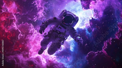 8K, original, space, floating, astronaut, clouds and cosmic wonders, stars and celestial bodies, deep purple, blue, fiery red, red photo