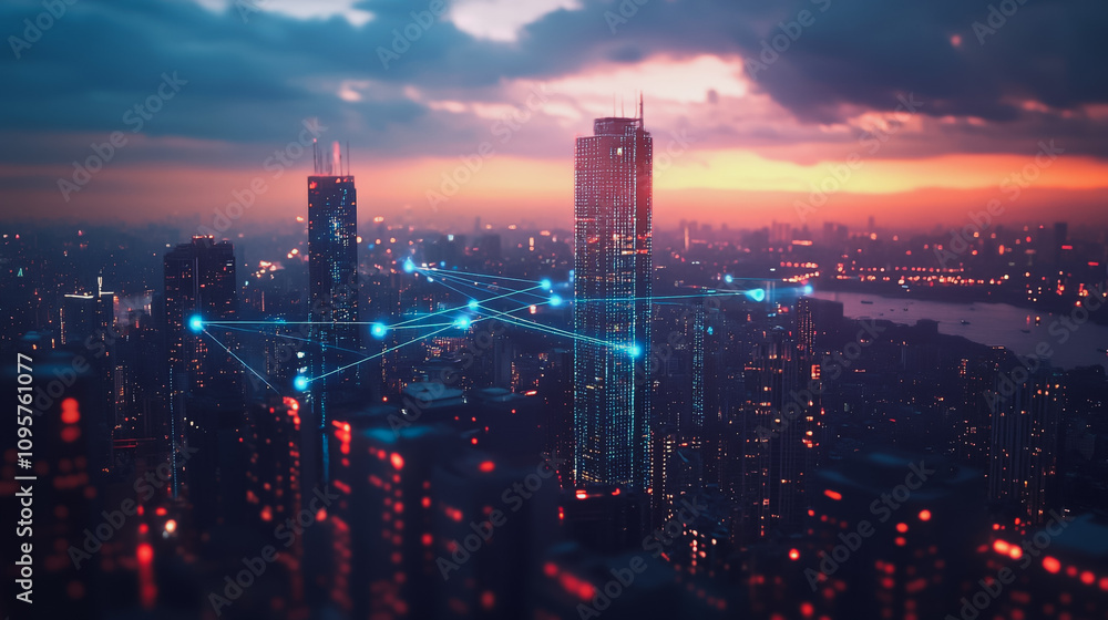 Smart digital city with connection Innovation network reciprocity over the sunset cityscape Concept of future wireless digital city and social media networking systems that connects business people Smart digital city with connection Innovation network reciprocity over the sunset cityscape Concept of future wireless digital city and social media networking systems that connects business people