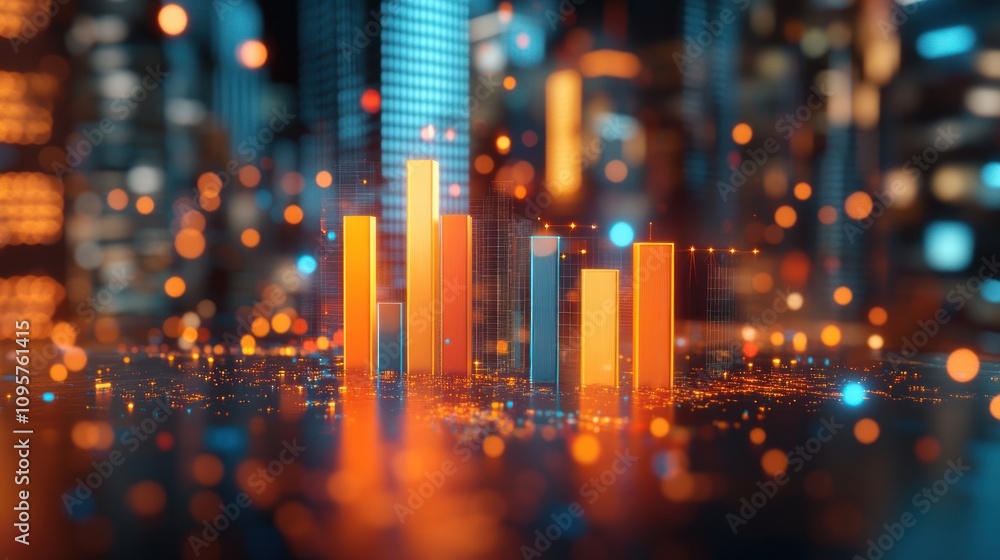 A digital representation of bar graphs illustrating data trends amidst a cityscape background. A digital representation of bar graphs illustrating data trends amidst a cityscape background.