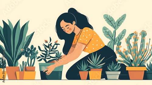 Woman Tending to Her Indoor Plants: A Vibrant Hand-Drawn Illustration. AI Generated