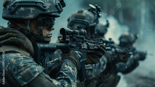 A group of soldiers in tactical gear aiming their rifles in a misty environment.