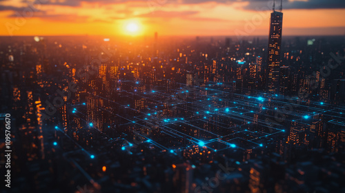 Wallpaper Mural Smart digital city with connection Innovation network reciprocity over the sunset cityscape Concept of future wireless digital city and social media networking systems that connects business people Torontodigital.ca