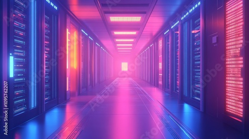 Neon-lit server room corridor with rows of data storage racks. (1)