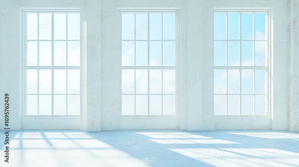 Bright, airy interior with large windows allowing natural light and a view of the sky. Bright, airy interior with large windows allowing natural light and a view of the sky.