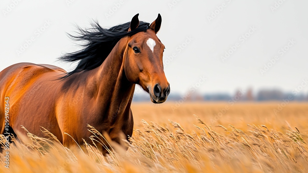 Obraz premium freedom movement and authentic, A horse gallops gracefully through golden fields, showcasing its strength and beauty against a serene backdrop.