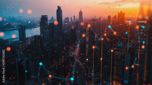 Smart digital city with connection Innovation network reciprocity over the sunset cityscape Concept of future wireless digital city and social media networking systems that connects business people