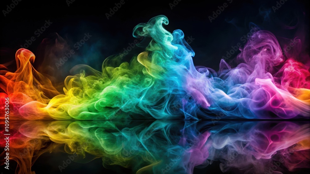 Colorful smoke waves reflecting on a dark surface, creating a mesmerizing abstract visual effect , vibrant, display, colorful Colorful smoke waves reflecting on a dark surface, creating a mesmerizing abstract visual effect , vibrant, display, colorful