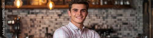 Smiling man with arms crossed, standing in a coffee shop.