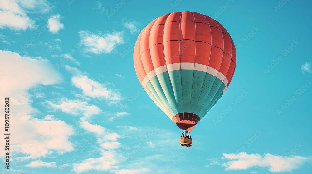 Naklejka premium freedom movement and authentic, A vibrant hot air balloon floats against a clear blue sky, showcasing a colorful design and a serene atmosphere.