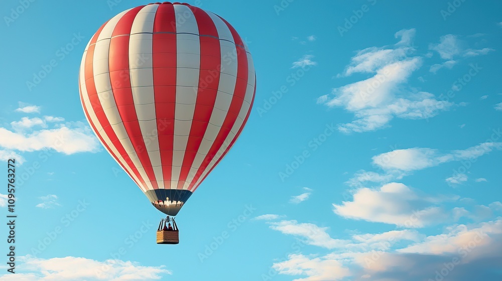 Naklejka premium freedom movement and authentic, A vibrant hot air balloon with red and white stripes floats against a clear blue sky, surrounded by fluffy clouds.