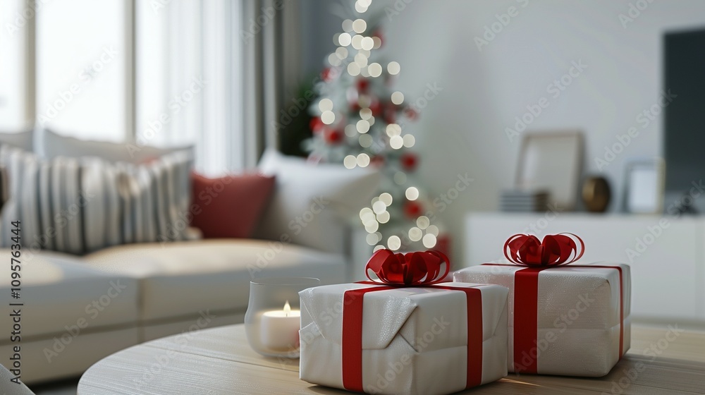 Christmas Presents On Table Near Decorated Tree