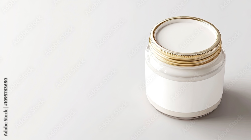 Simple white jar with a golden lid on a light background Simple white jar with a golden lid on a light background