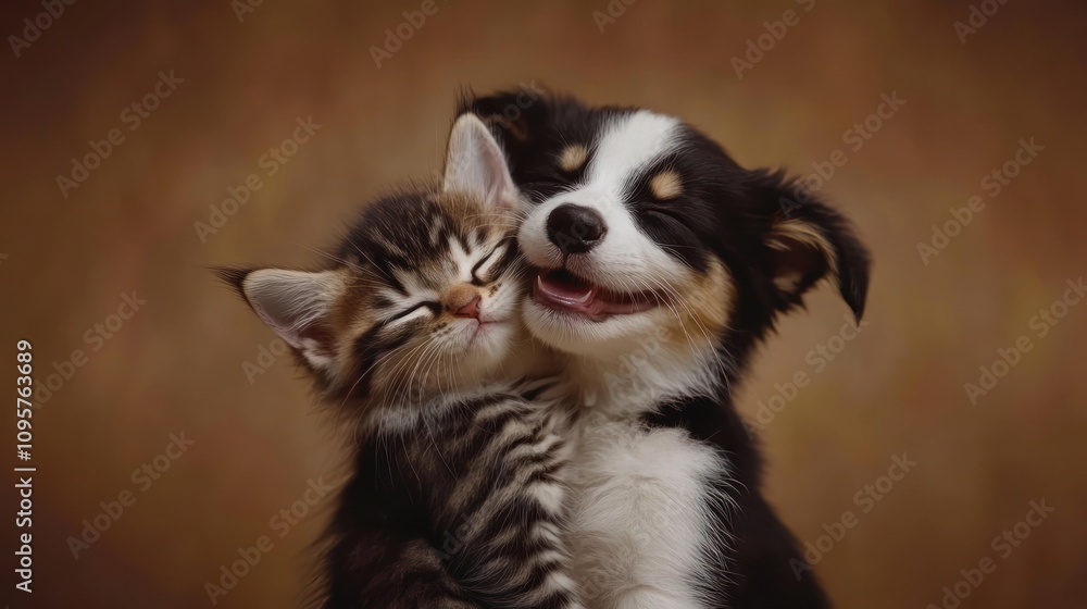 A playful puppy embraces a kitten in a tender moment. A playful puppy embraces a kitten in a tender moment.