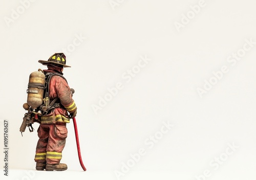 Firefighter in full gear stands with a hose and tank, looking out at copy space.