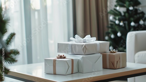 Elegant Christmas Presents Stacked On Table Near Tree
