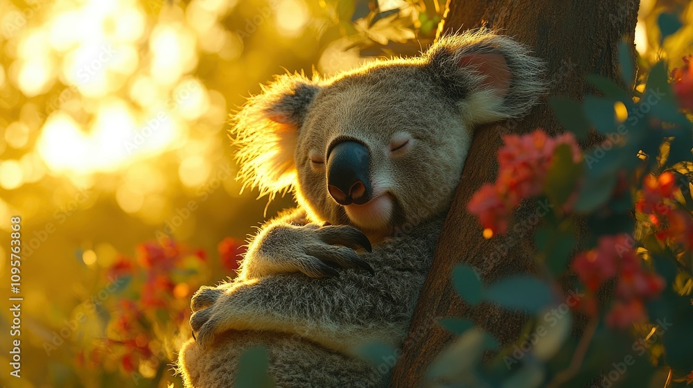 A peaceful koala resting on a tree surrounded by flowers A peaceful koala resting on a tree surrounded by flowers