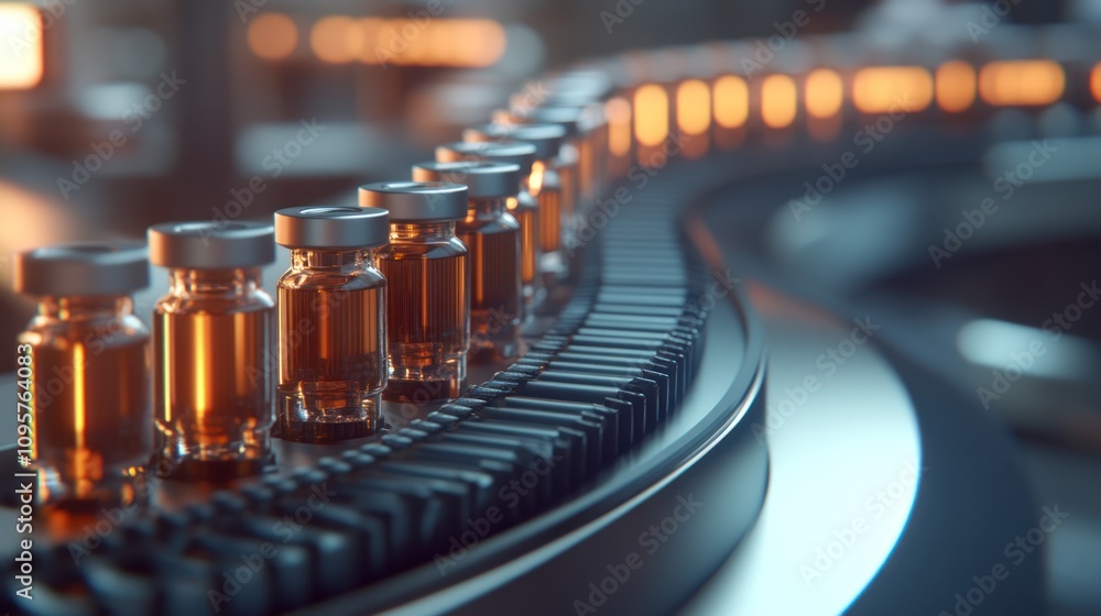Vaccine vials on conveyor belt. Vaccine vials on conveyor belt.