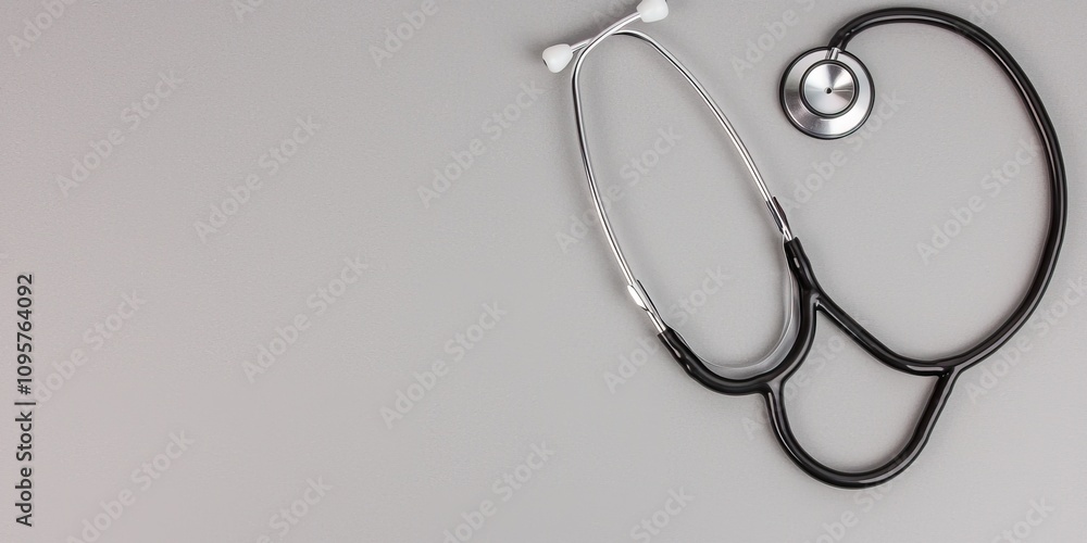 A stethoscope lies against a gray background, symbolizing healthcare, medical examination, and the profession of doctors. A stethoscope lies against a gray background, symbolizing healthcare, medical examination, and the profession of doctors.