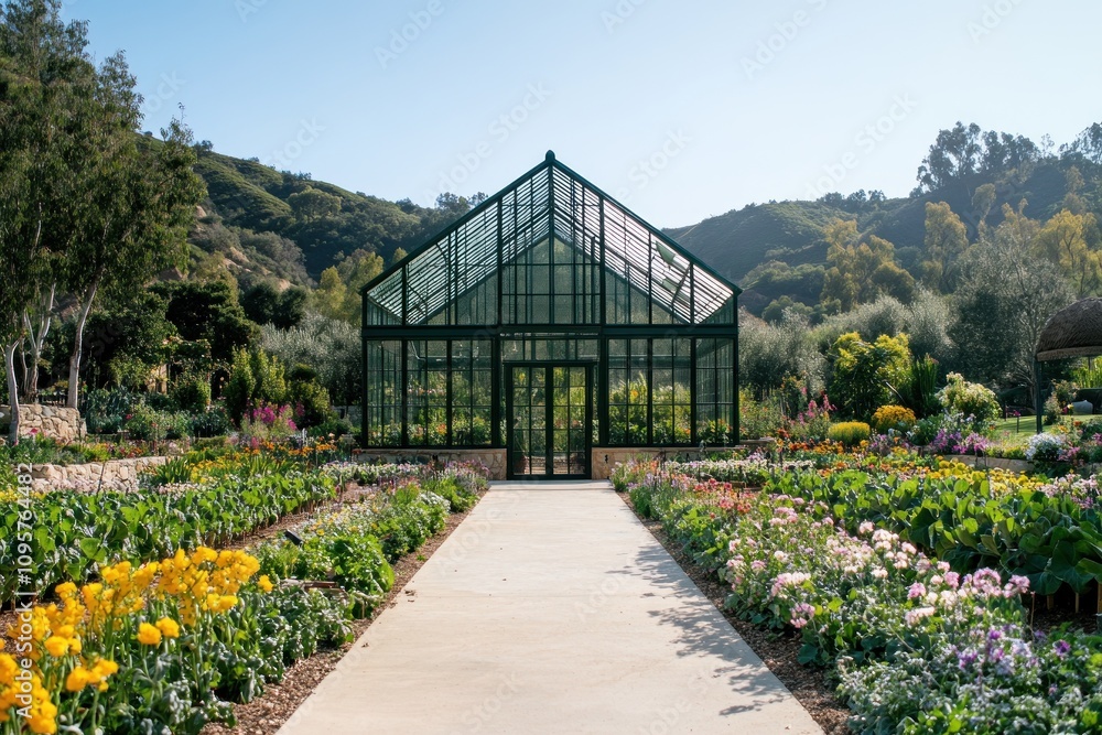 A pathway leads to a large greenhouse surrounded by colorful flowerbeds. A pathway leads to a large greenhouse surrounded by colorful flowerbeds.