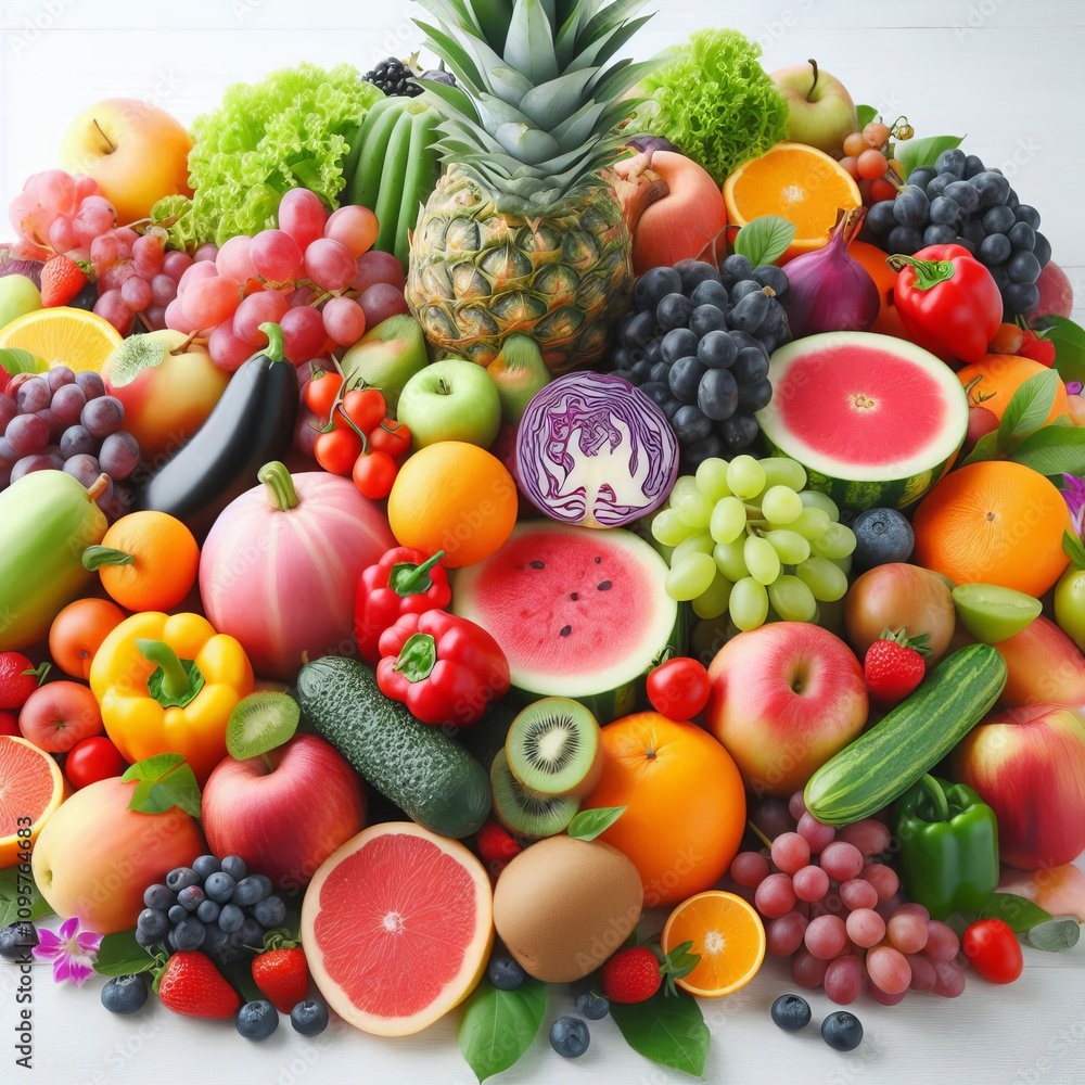 Arrangement of fresh fruits and vegetables colorful and vibrant Arrangement of fresh fruits and vegetables colorful and vibrant