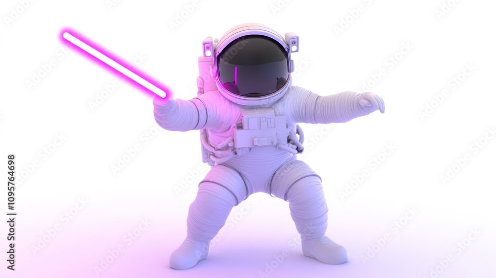 A cartoon astronaut with a pink lightsaber in a white background. A cartoon astronaut with a pink lightsaber in a white background.