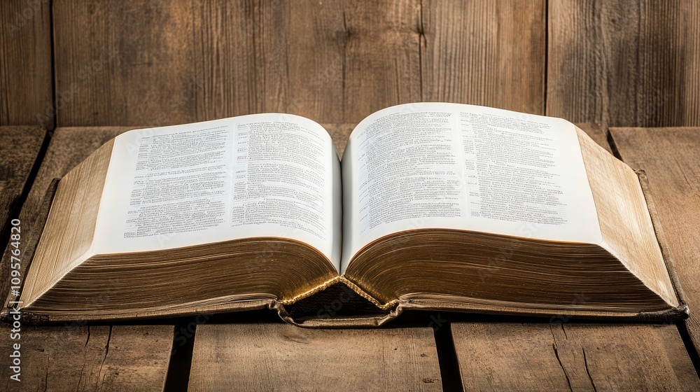 Fototapeta premium An open book on a wooden surface creating a rustic atmosphere