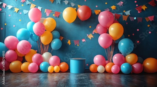 Colorful Birthday Balloons Party Setup Against Teal Wall photo