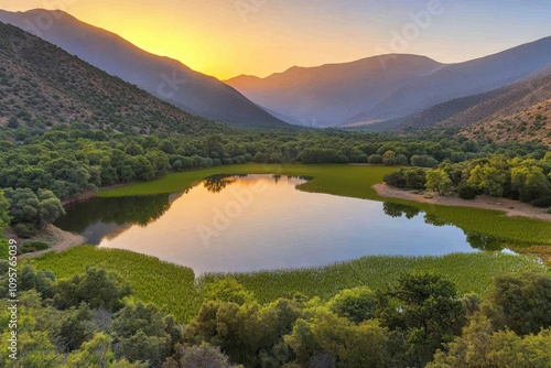 Serene mountain lake reflecting the golden hues of sunrise, surrounded by lush greenery.