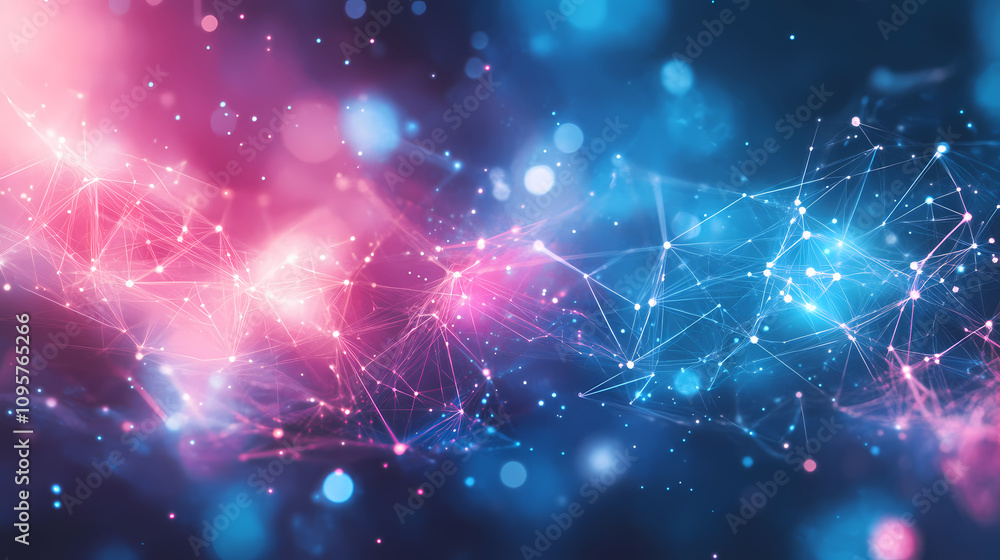 A vibrant cosmic scene featuring pink and blue nebulae with connected stars and luminous particles creating a surreal galaxy. Whirling Cosmic Galaxy. Illustration A vibrant cosmic scene featuring pink and blue nebulae with connected stars and luminous particles creating a surreal galaxy. Whirling Cosmic Galaxy. Illustration
