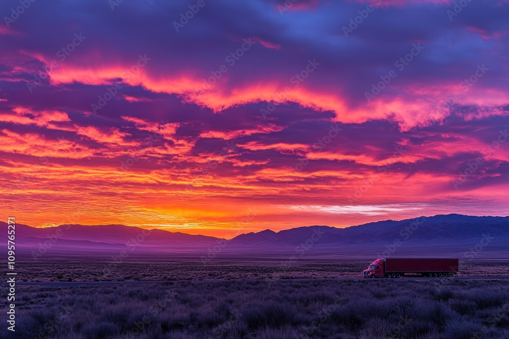 A lone semi-truck drives across the desert at sunrise, with a vibrant pink and orange sky. A lone semi-truck drives across the desert at sunrise, with a vibrant pink and orange sky.