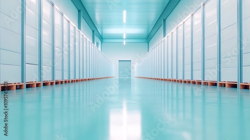 Modern hallway with blue walls and shiny floor, minimalistic design and bright lighting.