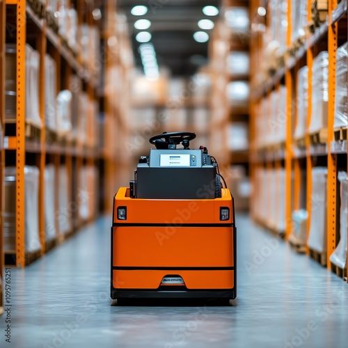 Orange electric pallet jack in a warehouse aisle with storage shelves.
