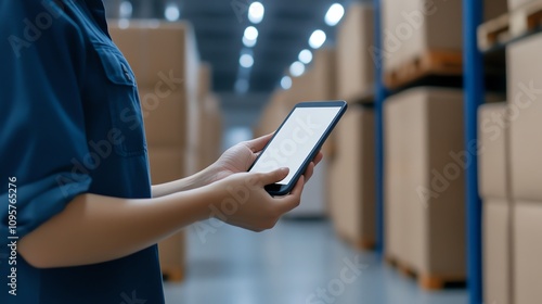 Person using tablet in a warehouse filled with stacked boxes.