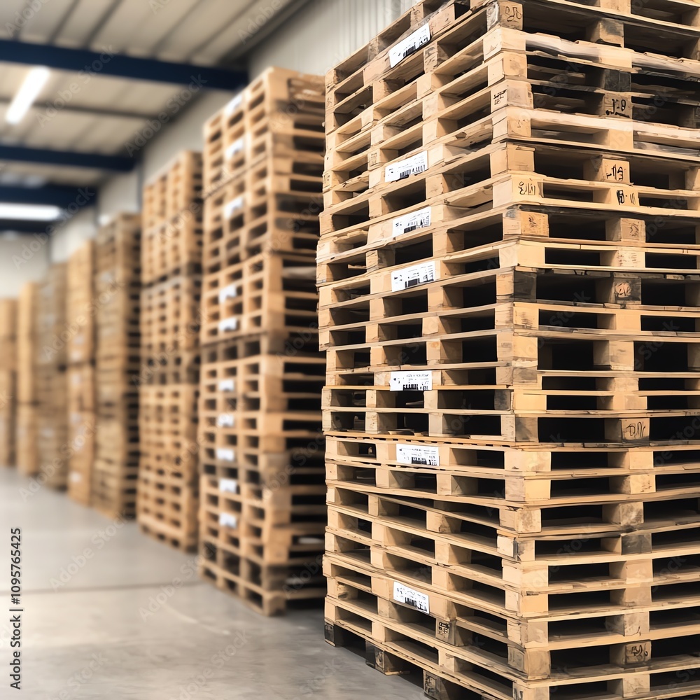 Stacked wooden pallets in a warehouse setting, organized and ready for use. Stacked wooden pallets in a warehouse setting, organized and ready for use.
