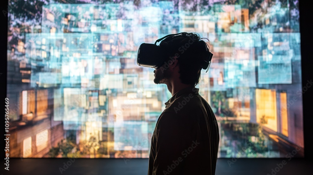 A person wearing a VR headset stands against a colorful digital display, exploring virtual environments. A person wearing a VR headset stands against a colorful digital display, exploring virtual environments.